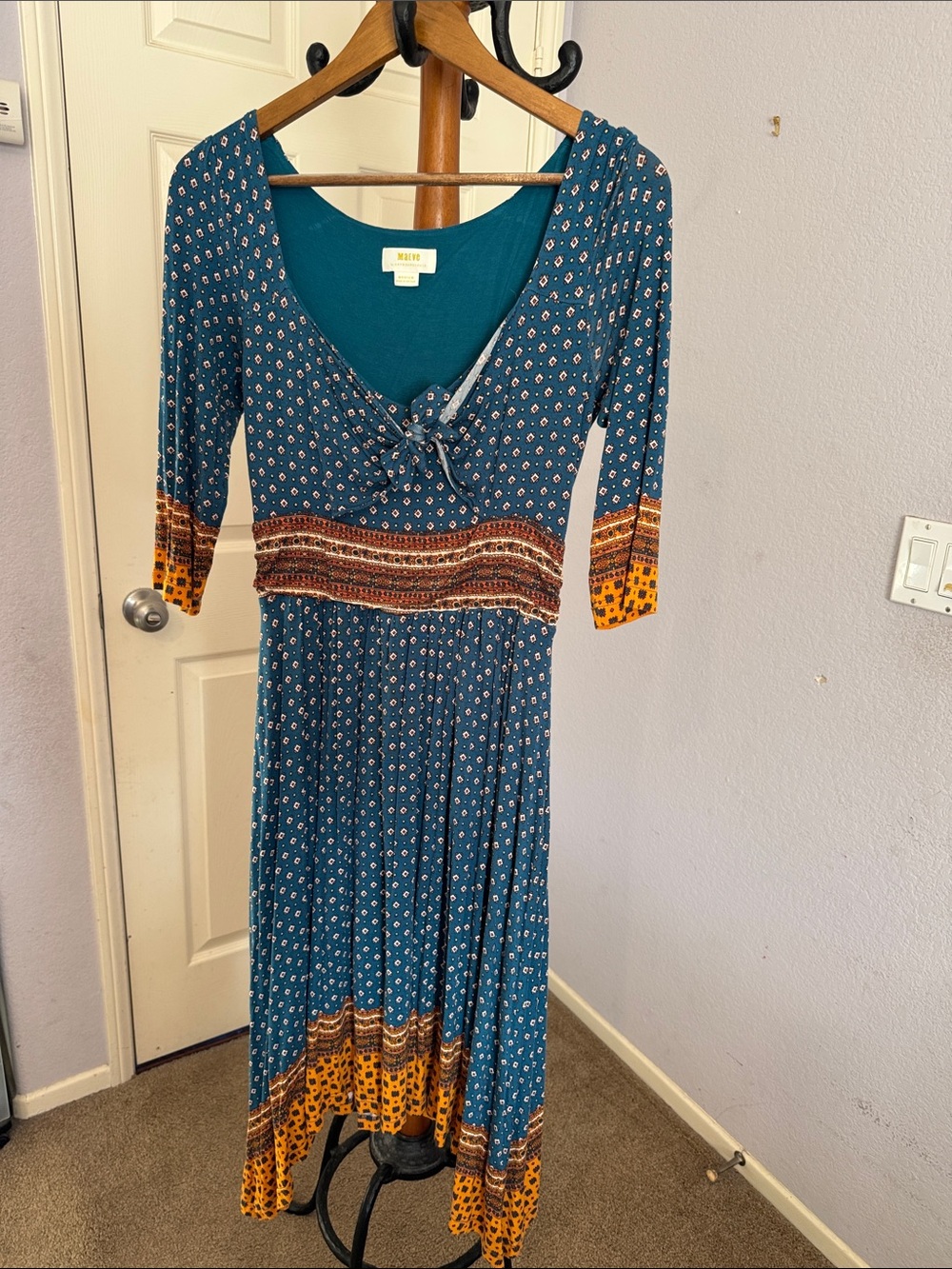 Maeve Teal Printed Maxi Dress with Rust & Mustard Accents